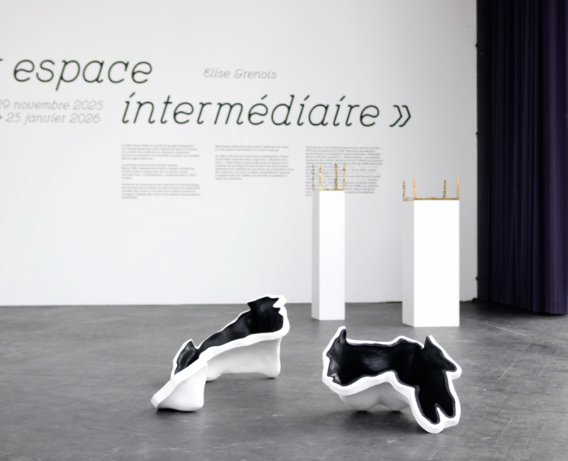 Deux sculptures posées au sol, elles sont creuses et représentent des formes abstraites. L'extérieur des statuts est blanc, tandis que l'intérieur est noir.
