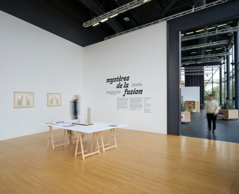 Intérieur du frac : un premier espace entouré de mur blanc, le sol est en parquet. Plus loin, un espace au sol noir, des sculptures sont installés là-bas. À l'avant, une table avec plusieurs documents posés dessus. Deux personnes circulent, elles marchent, elles sont floues.